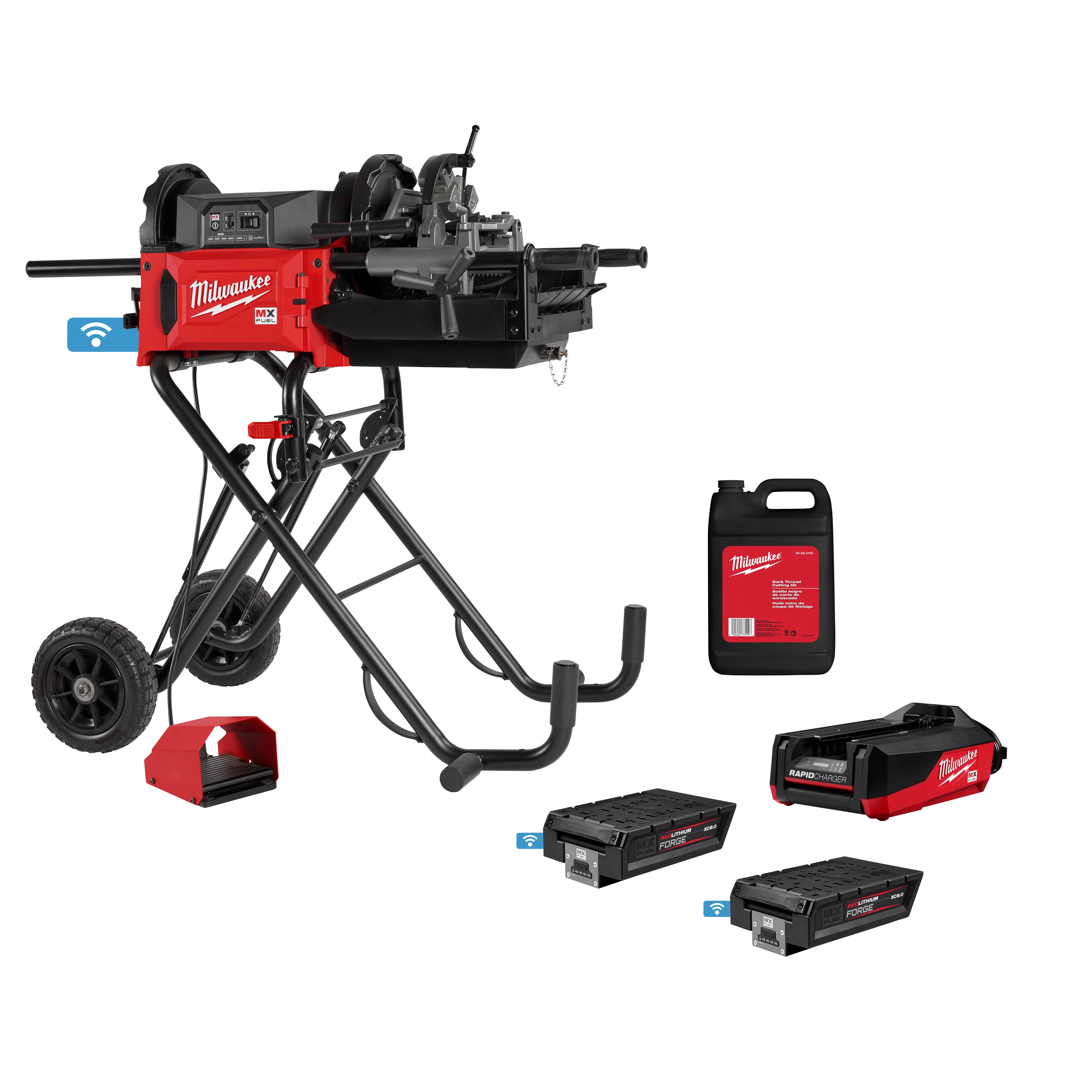Image of the Milwaukee M18 FUEL Pipe Threader Kit, featuring the pipe threader mounted on a black stand with wheels. The kit includes two M18 REDLITHIUM batteries, a charger, a threading oil container, and a carrying case. The equipment is primarily red and black, with Milwaukee branding visible.