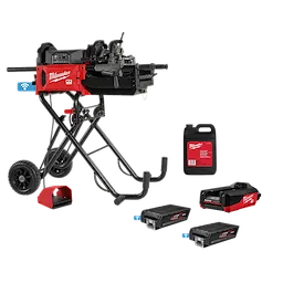 Image of the Milwaukee M18 FUEL Pipe Threader Kit, featuring the pipe threader mounted on a black stand with wheels. The kit includes two M18 REDLITHIUM batteries, a charger, a threading oil container, and a carrying case. The equipment is primarily red and black, with Milwaukee branding visible.