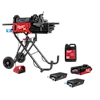 Image of the Milwaukee M18 FUEL Pipe Threader Kit, featuring the pipe threader mounted on a black stand with wheels. The kit includes two M18 REDLITHIUM batteries, a charger, a threading oil container, and a carrying case. The equipment is primarily red and black, with Milwaukee branding visible.