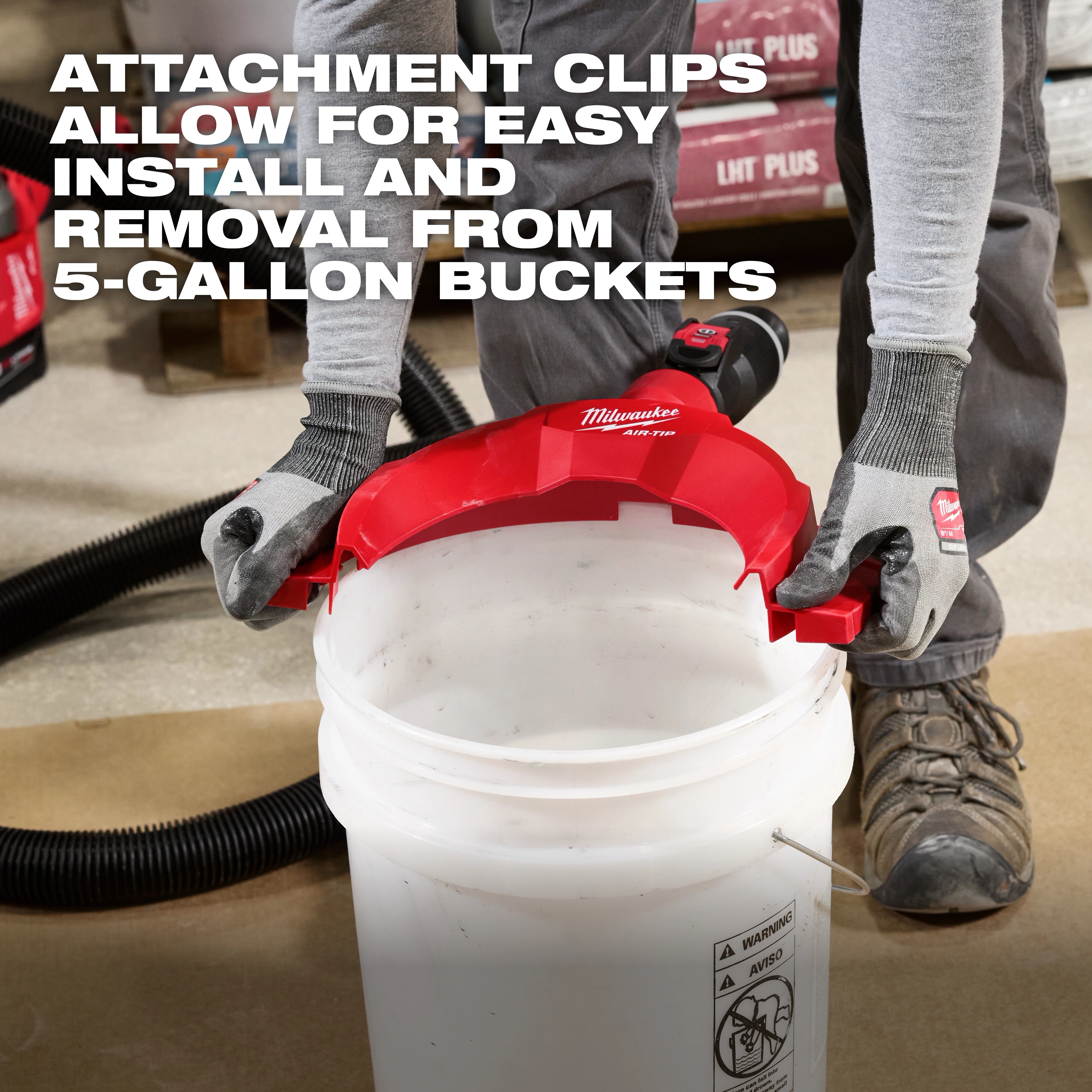 AIR-TIP Bucket Topper Dust Collector being attached to a white 5-gallon bucket.