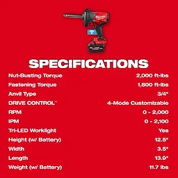 M18 FUEL 3/4" Extended Anvil High Torque Impact Wrench w/ ONE-KEY Kit above a list of specifications.