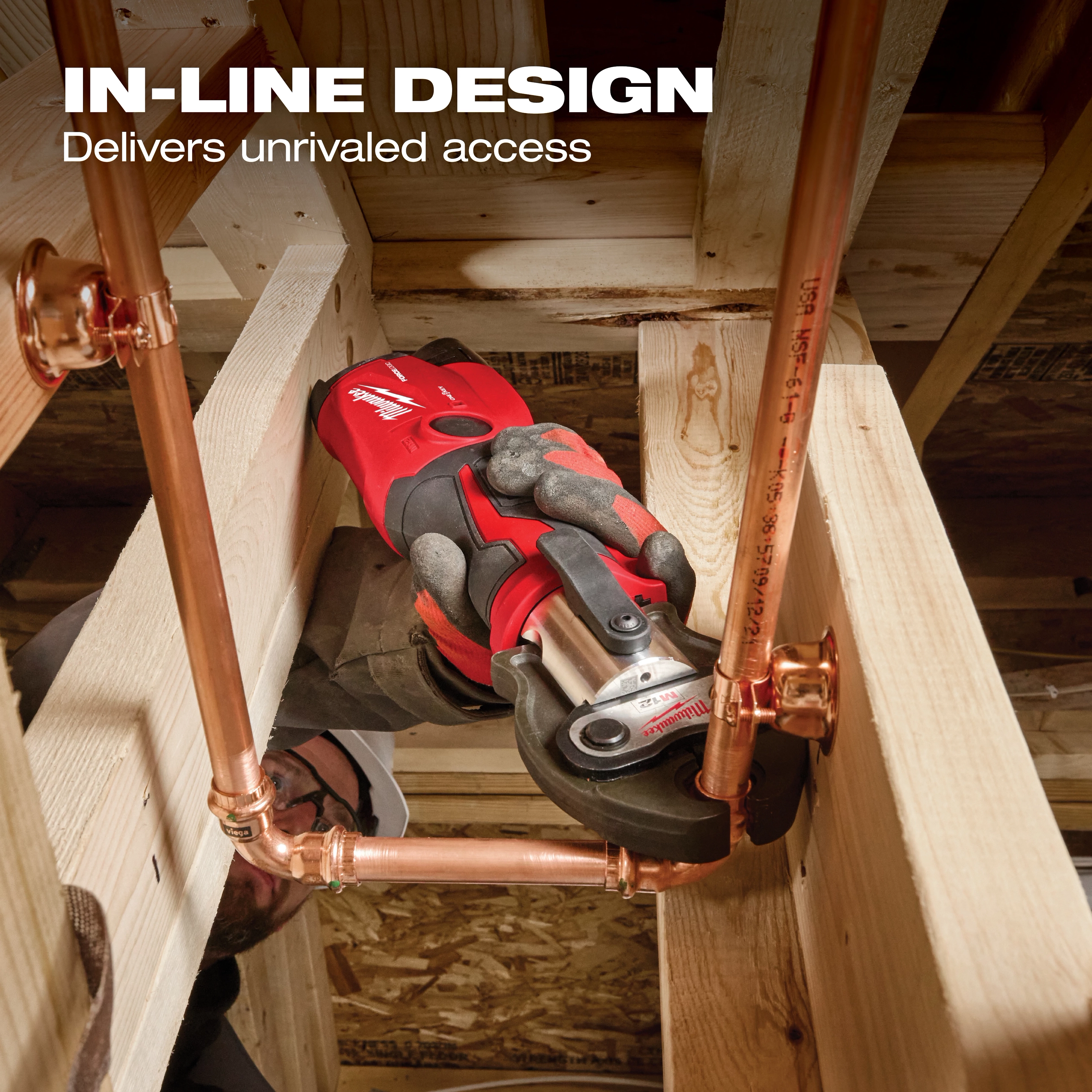 M12 FORCE LOGIC Press Tool Kit w/ ONE-KEY in use on copper pipes within a wooden framework. Text: In-Line Design, Delivers unrivaled access.