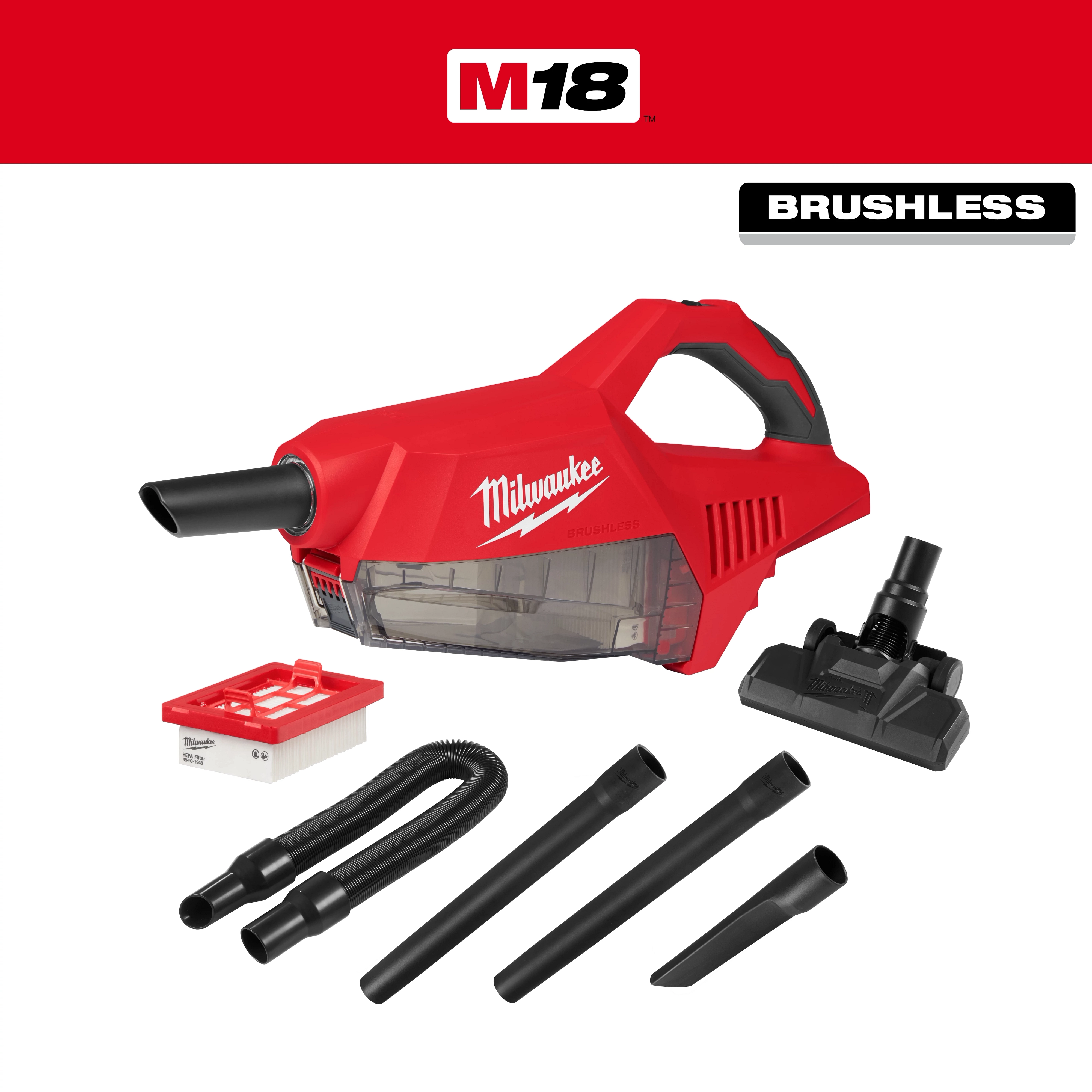 M18 Brushless Handheld Vacuum by Milwaukee, shown with several attachments including hose, extension wands, and filter.