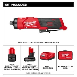 M12 FUEL 1/4" Straight Die Grinder kit with grinder, two batteries, charger, wrench, and contractor bag.