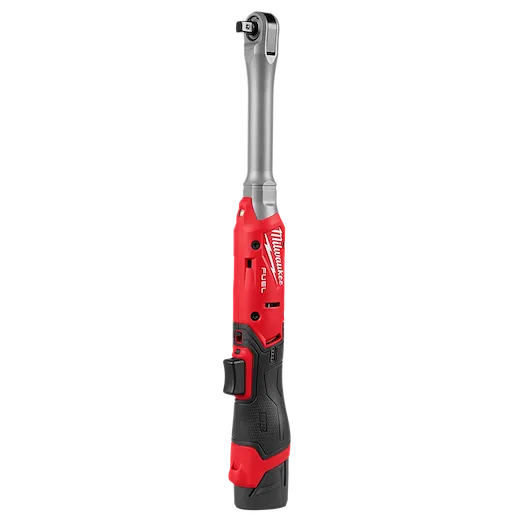 The M12 FUEL 3/8" Extended Reach Ratchet is a cordless tool featuring a long handle for better accessibility. It features an ergonomic grip, designed for professional mechanical tasks.