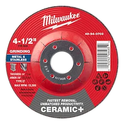 4-1/2" x 1/4" x 7/8" Ceramic+ Metal Grinding Wheel - Type 27. Red disc, labeled for metal and stainless grinding, max RPM 13,300.