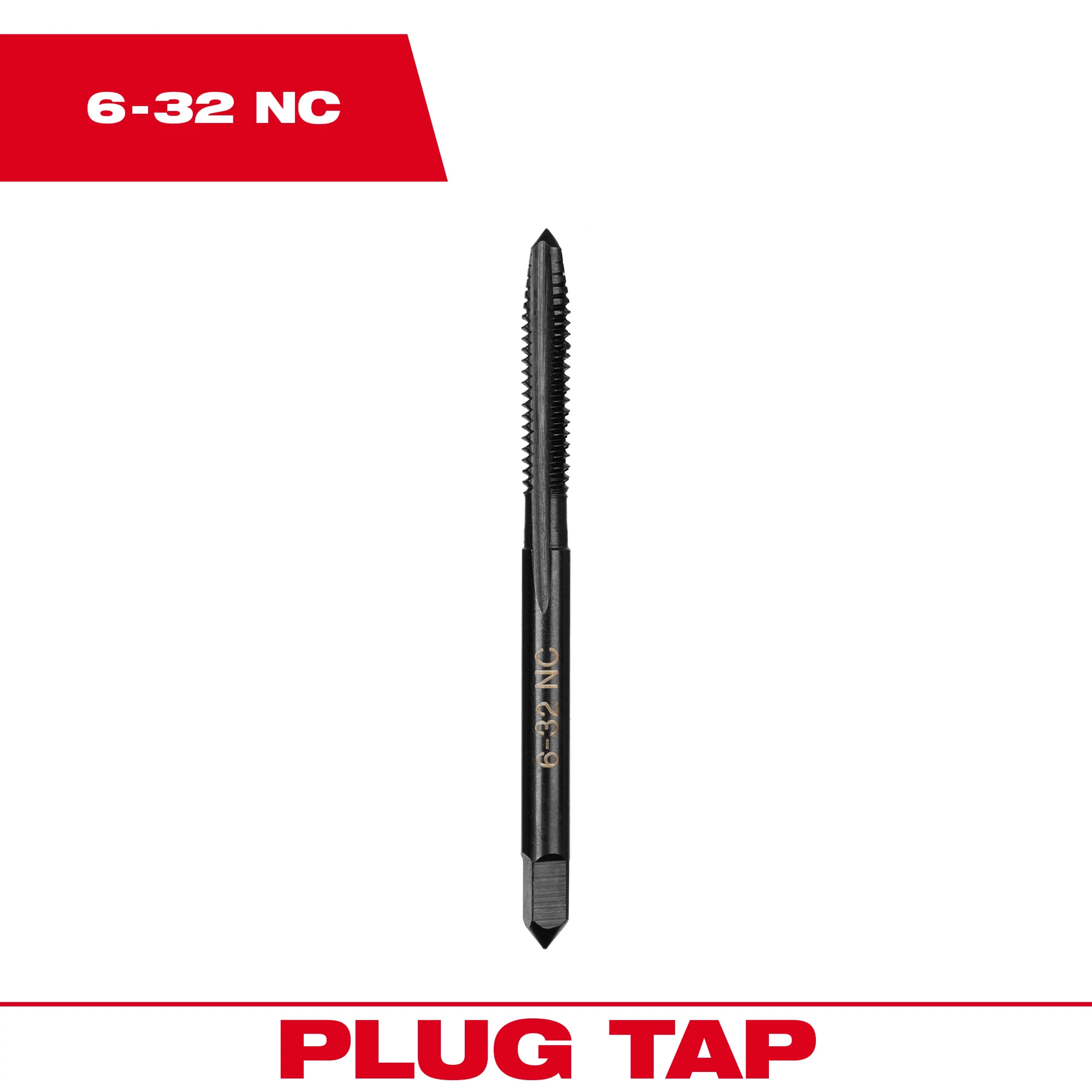 6-32 NC Straight Flute Plug Tap, black metal tool used for creating or repairing internal threads, centered on a white background.