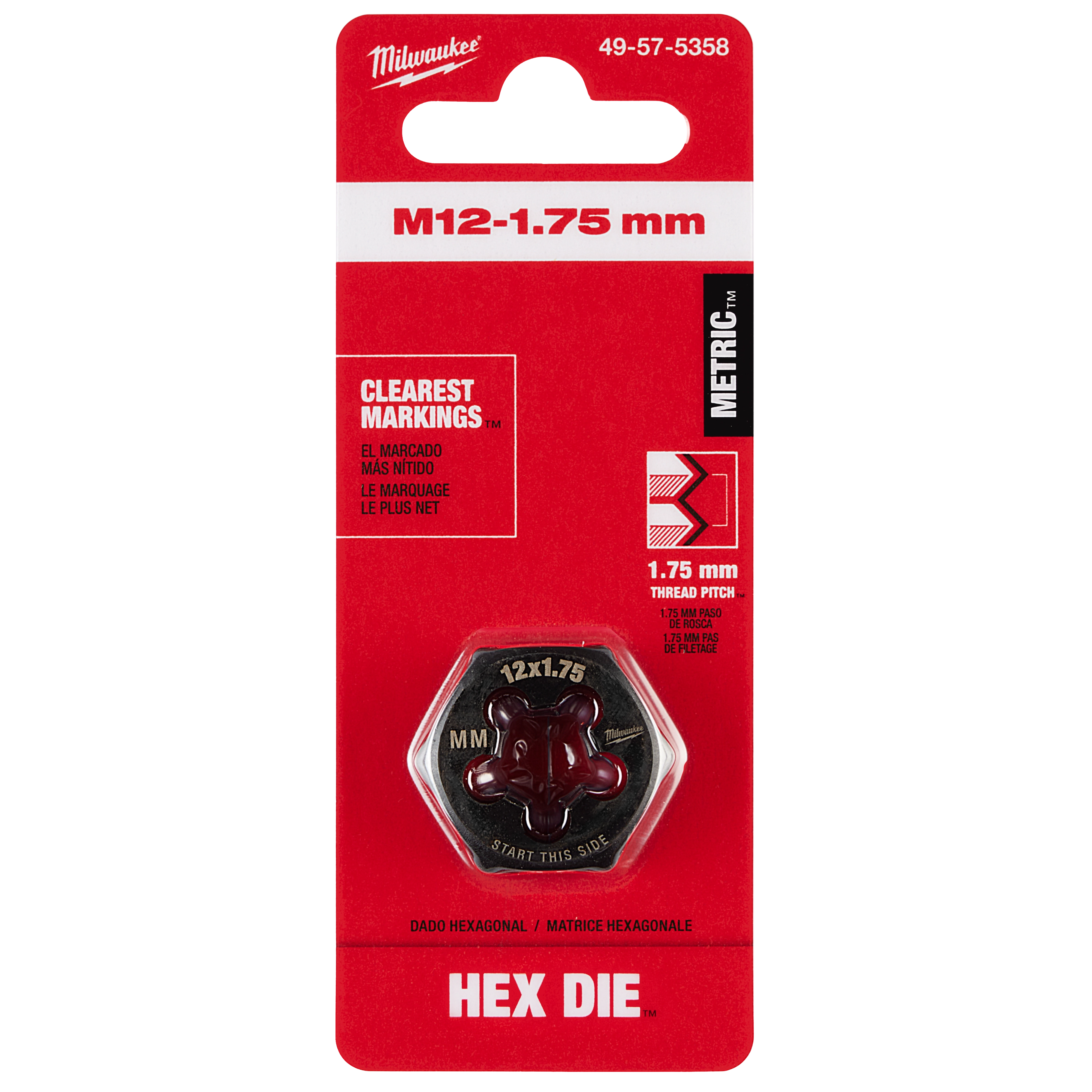 M12-1.75 mm 1-Inch Hex Threading Die, packaged in a red and white blister pack, features clear markings and metric sizing.