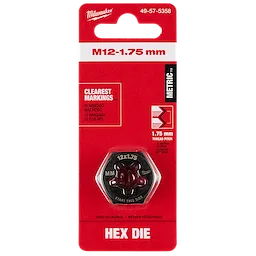 M12-1.75 mm 1-Inch Hex Threading Die, packaged in a red and white blister pack, features clear markings and metric sizing.