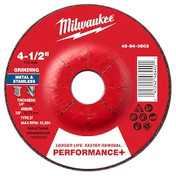 4-1/2" x 1/4" x 7/8" Performance+ Metal Grinding Wheel - Type 27 for grinding metal and stainless, with a red center.