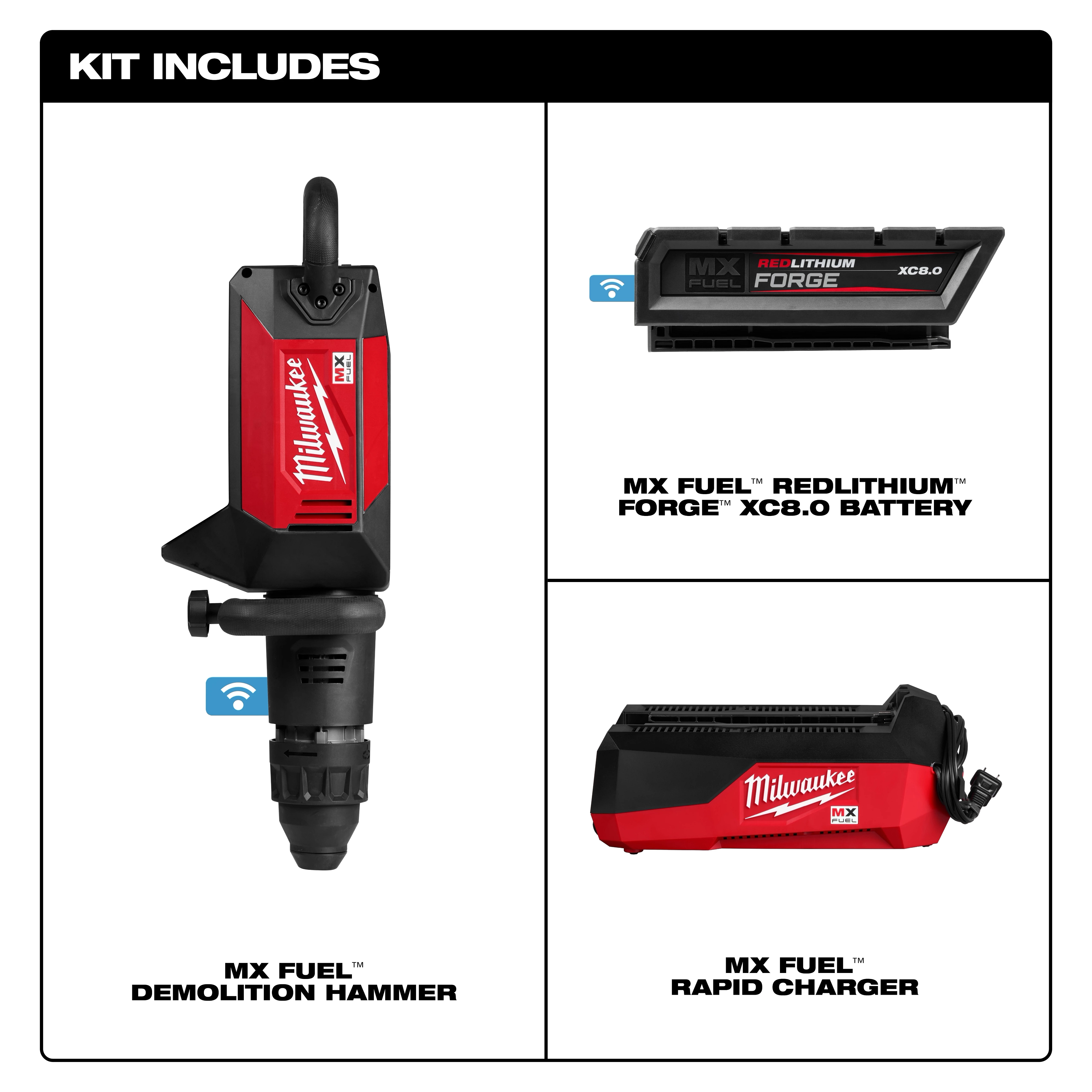 MX FUEL 27 lb SDS MAX Demolition Hammer with battery and rapid charger displayed on a white background.