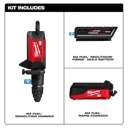MX FUEL 27 lb SDS MAX Demolition Hammer with battery and rapid charger displayed on a white background.