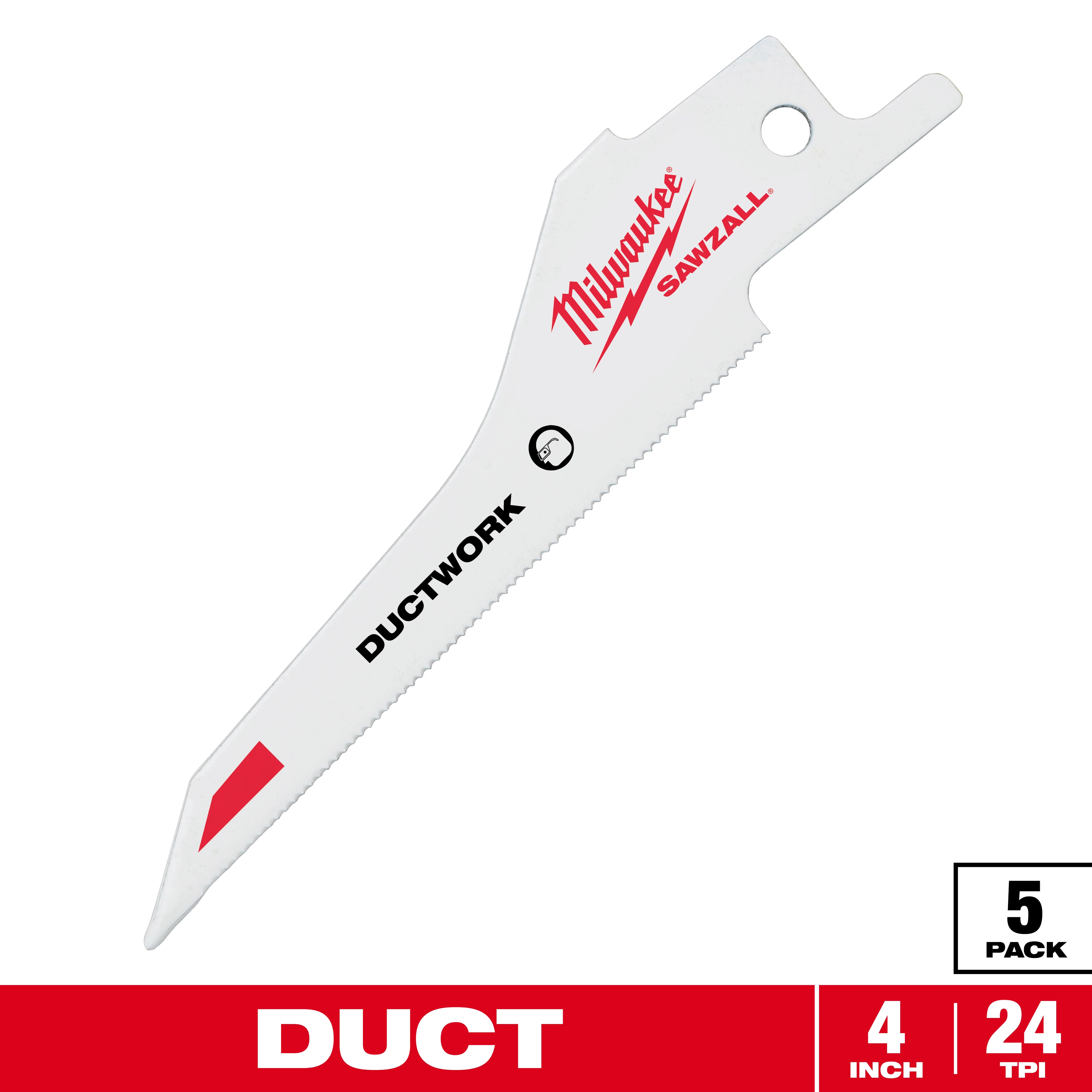 Milwaukee Sawzall ductwork blade, 4 inches long with 24 teeth per inch. The blade is white, marked with the Milwaukee logo, "DUCTWORK" text, and features a red stripe. The image indicates it is a 5-pack suitable for cutting ductwork material.