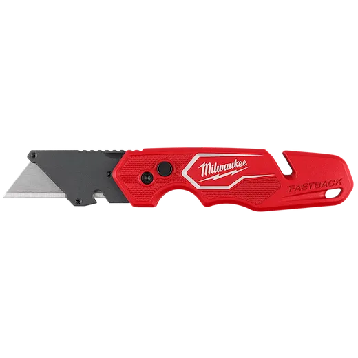 FASTBACK Folding Utility Knife with a red textured handle and exposed metal blade.