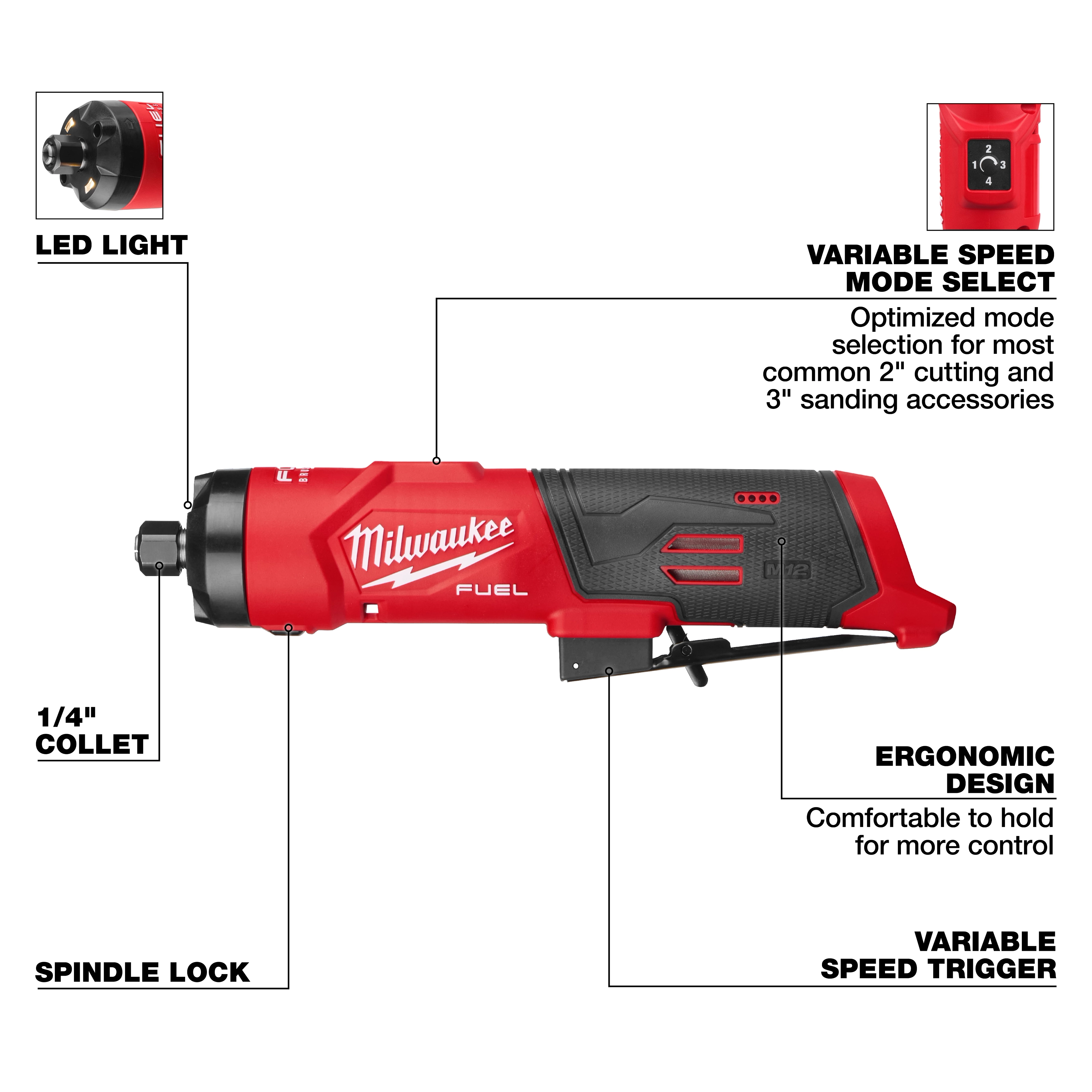 M12 FUEL 1/4" Straight Die Grinder with labeled LED light, collet, spindle lock, and variable speed controls.