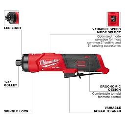 M12 FUEL 1/4" Straight Die Grinder with labeled LED light, collet, spindle lock, and variable speed controls.
