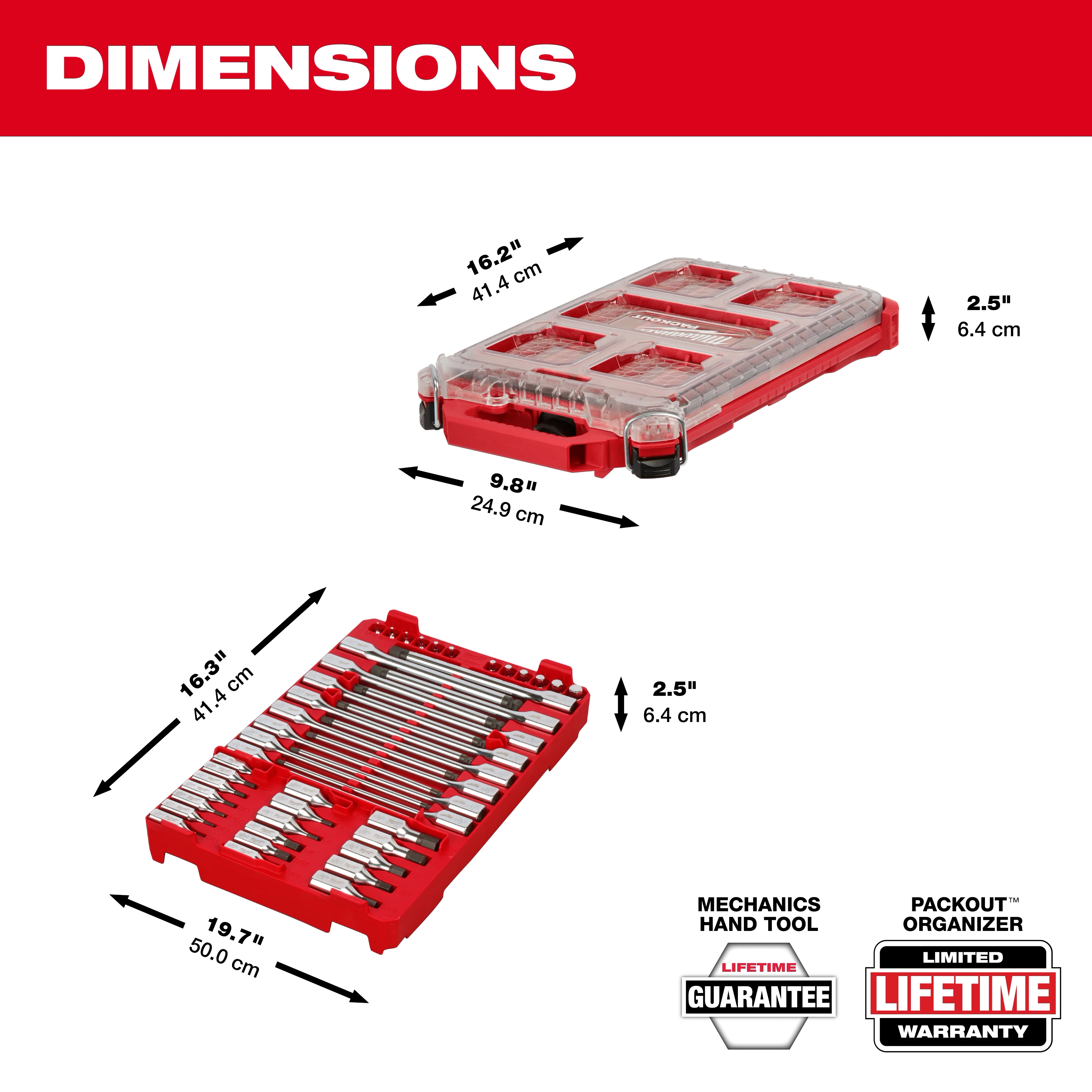 46pc 1/4” and 3/8” Drive SAE Bit Socket Set with PACKOUT Compact Low-Profile Organizer shown open and closed with dimensions.