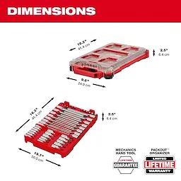 46pc 1/4” and 3/8” Drive SAE Bit Socket Set with PACKOUT Compact Low-Profile Organizer shown open and closed with dimensions.