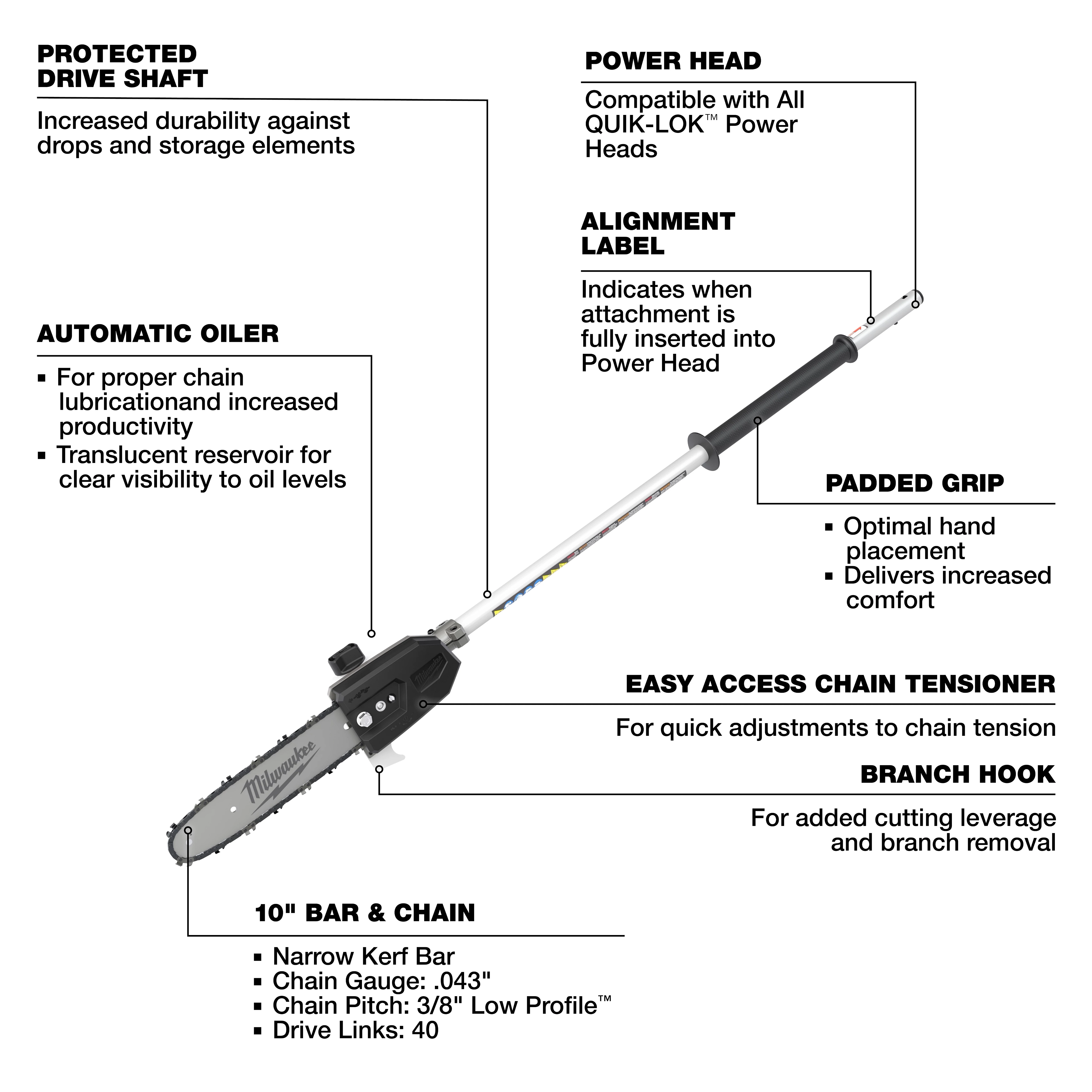 M18 FUEL QUIK-LOK 10" Pole Saw Attachment with long shaft, padded grip, and labeled features on a plain background.