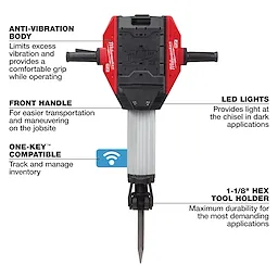 Close-up of a demolition tool with labels highlighting anti-vibration body, front handle, LED lights, One-Key compatibility, and hex tool holder.