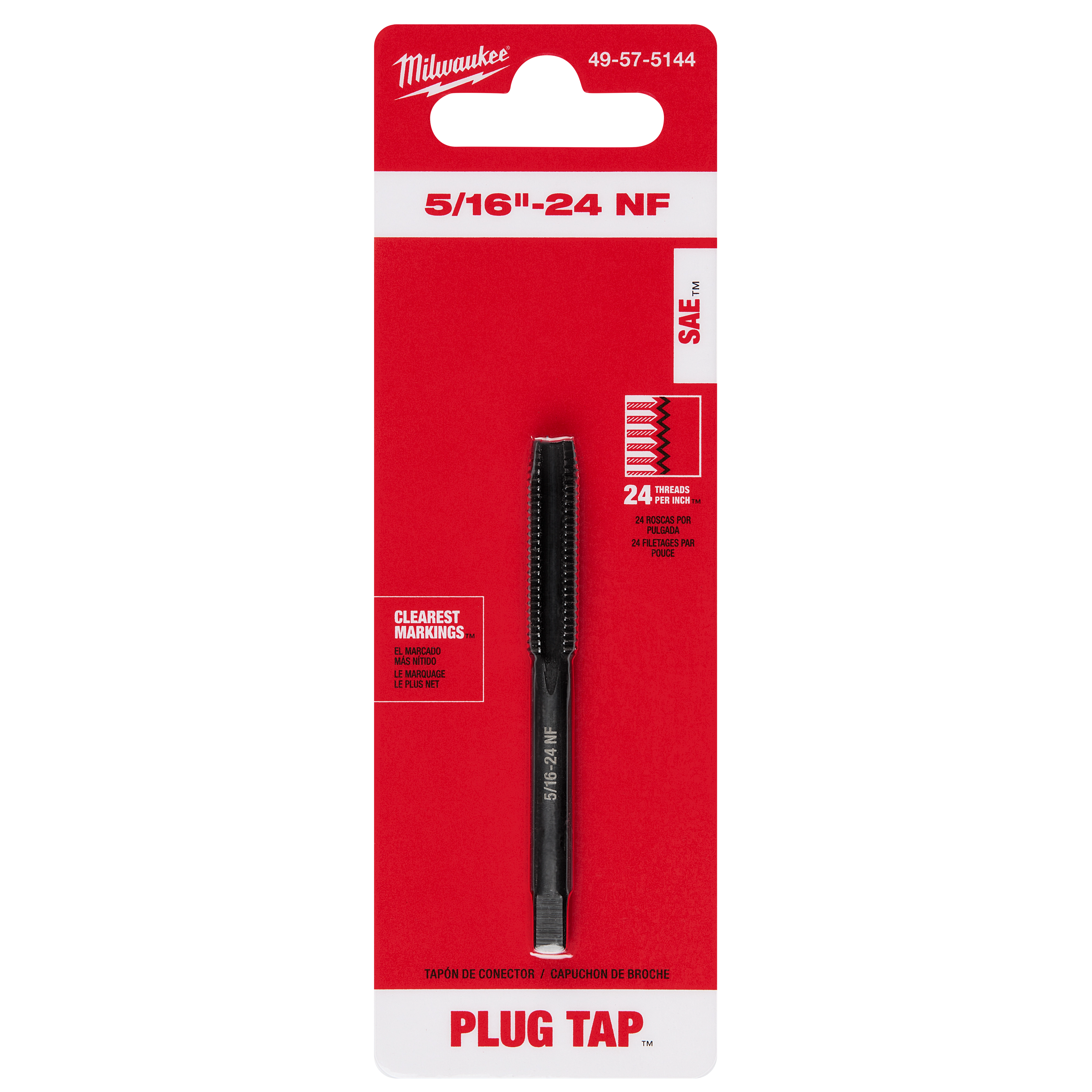 5/16"-24 NF Straight Flute Plug Tap in black, packaged on a red card with product details and clear markings stated.