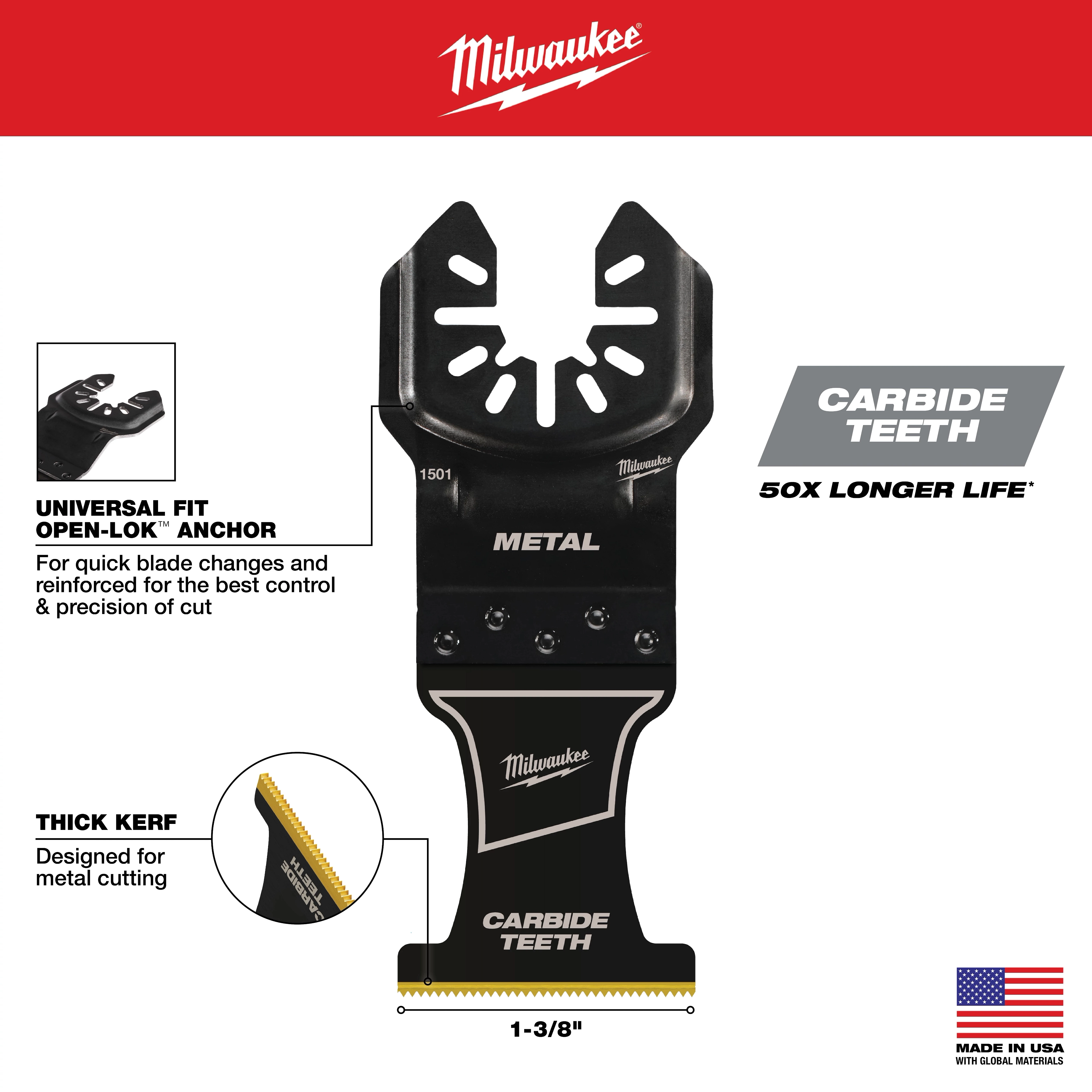 OMT Carbide Teeth Metal Walk Around blade with universal fit Open-Lok anchor for quick changes, thick kerf, and metal cutting capability.