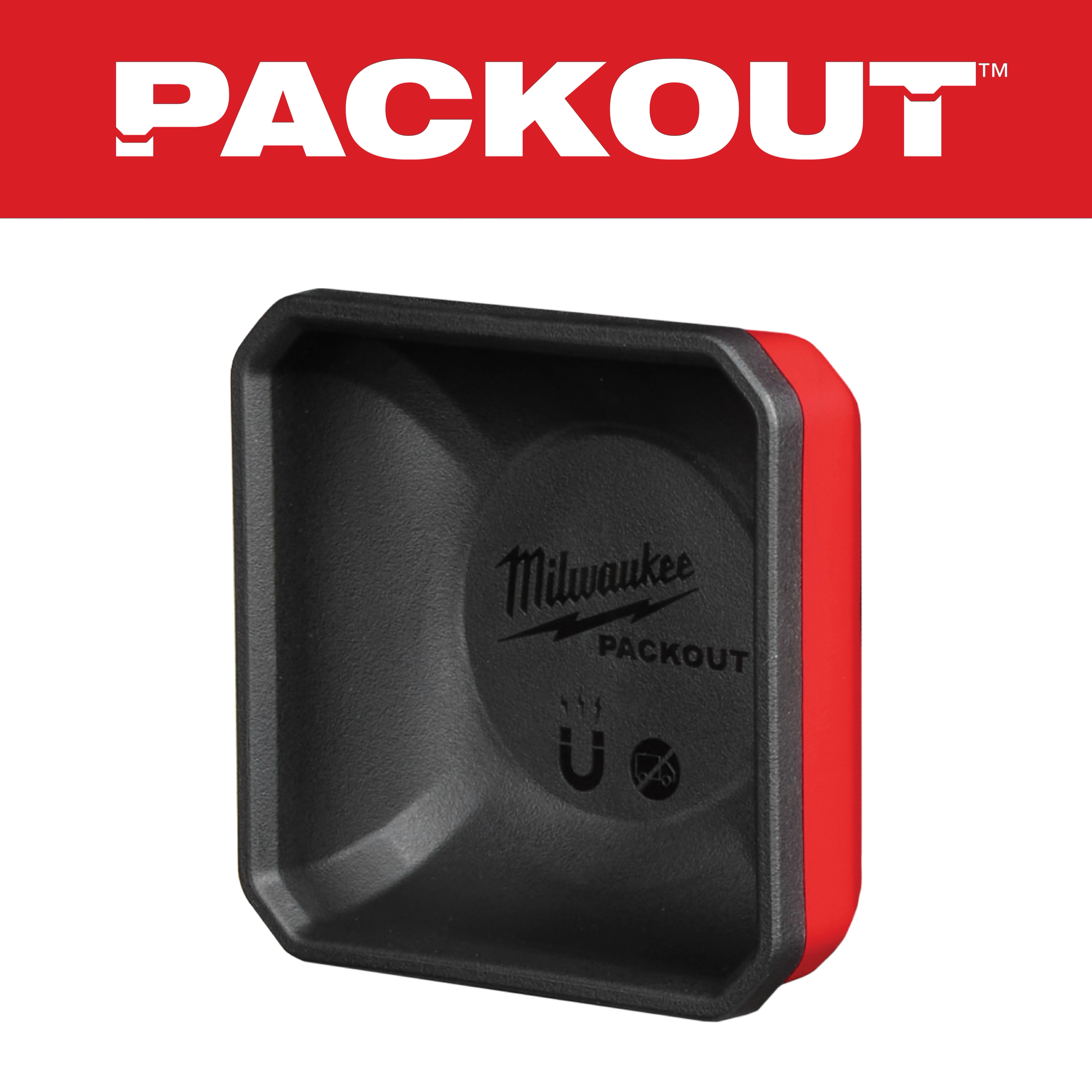 Milwaukee Packout magnet tray shown in black with a red border. The background features a red banner with the Packout logo in white.