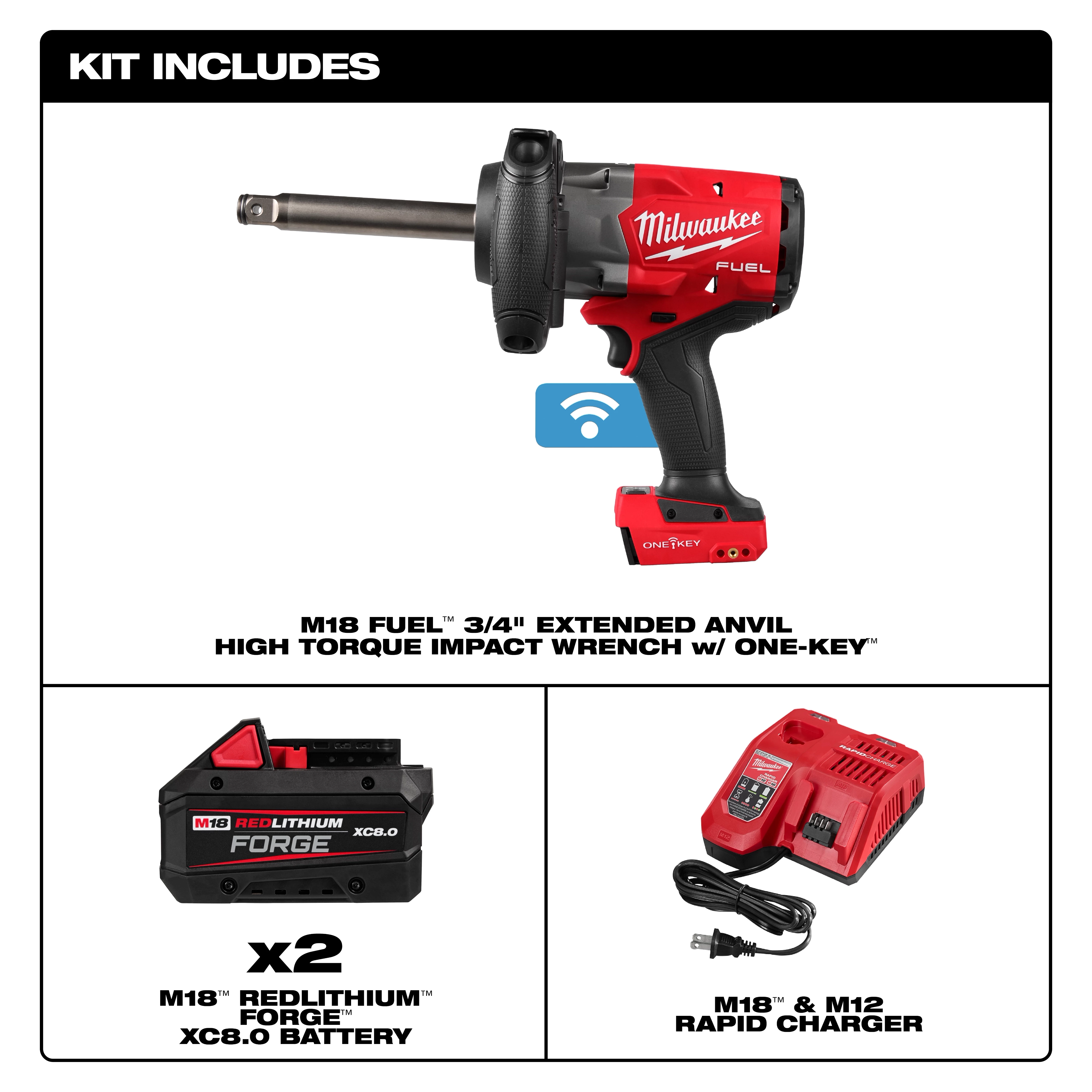 M18 FUEL 3/4" Extended Anvil High Torque Impact Wrench w/ ONE-KEY Kit with two batteries and a rapid charger.
