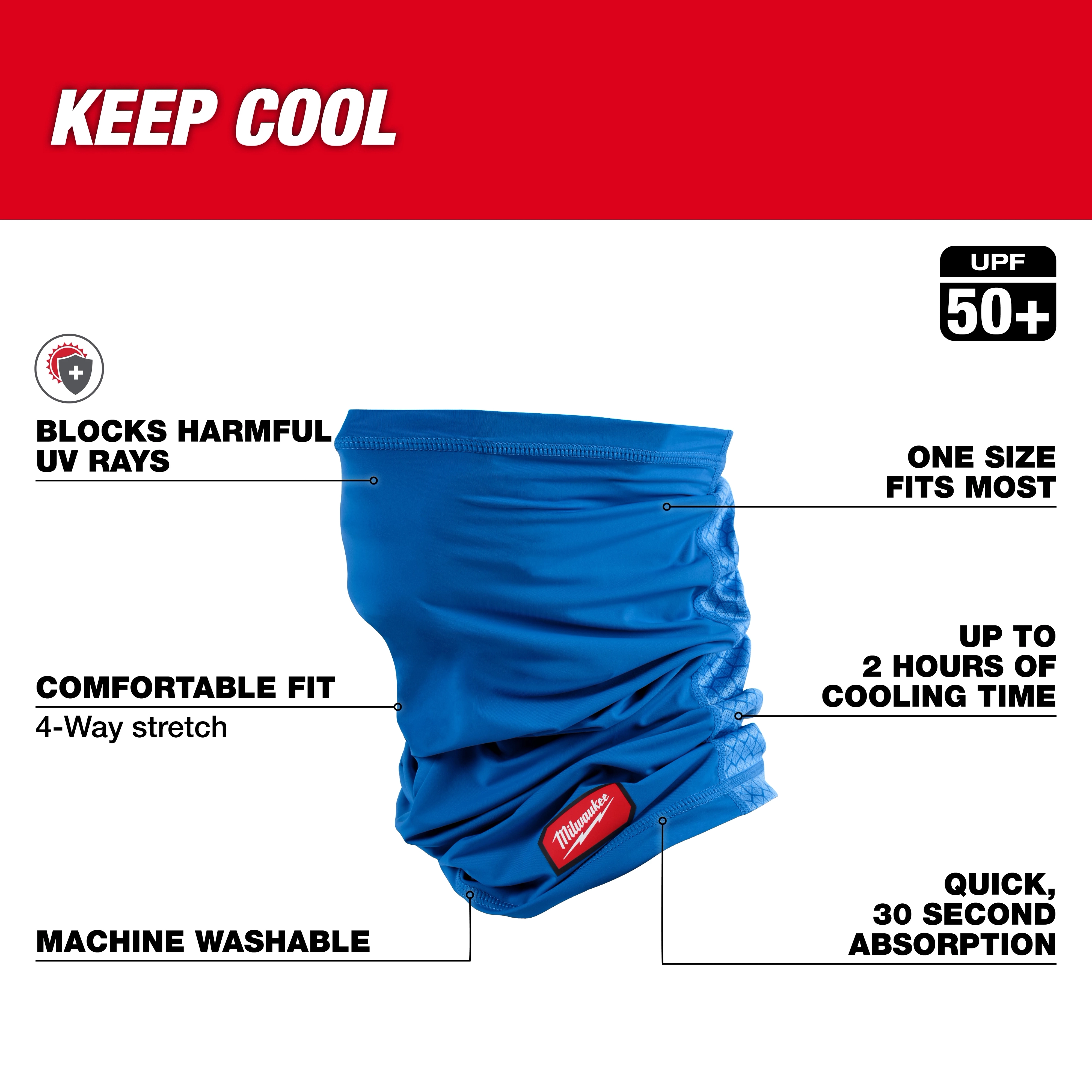 Cooling Neck Gaiter in blue, offering UPF 50+ protection, 2 hours cooling, 4-way stretch fit, machine washable. One size fits most.