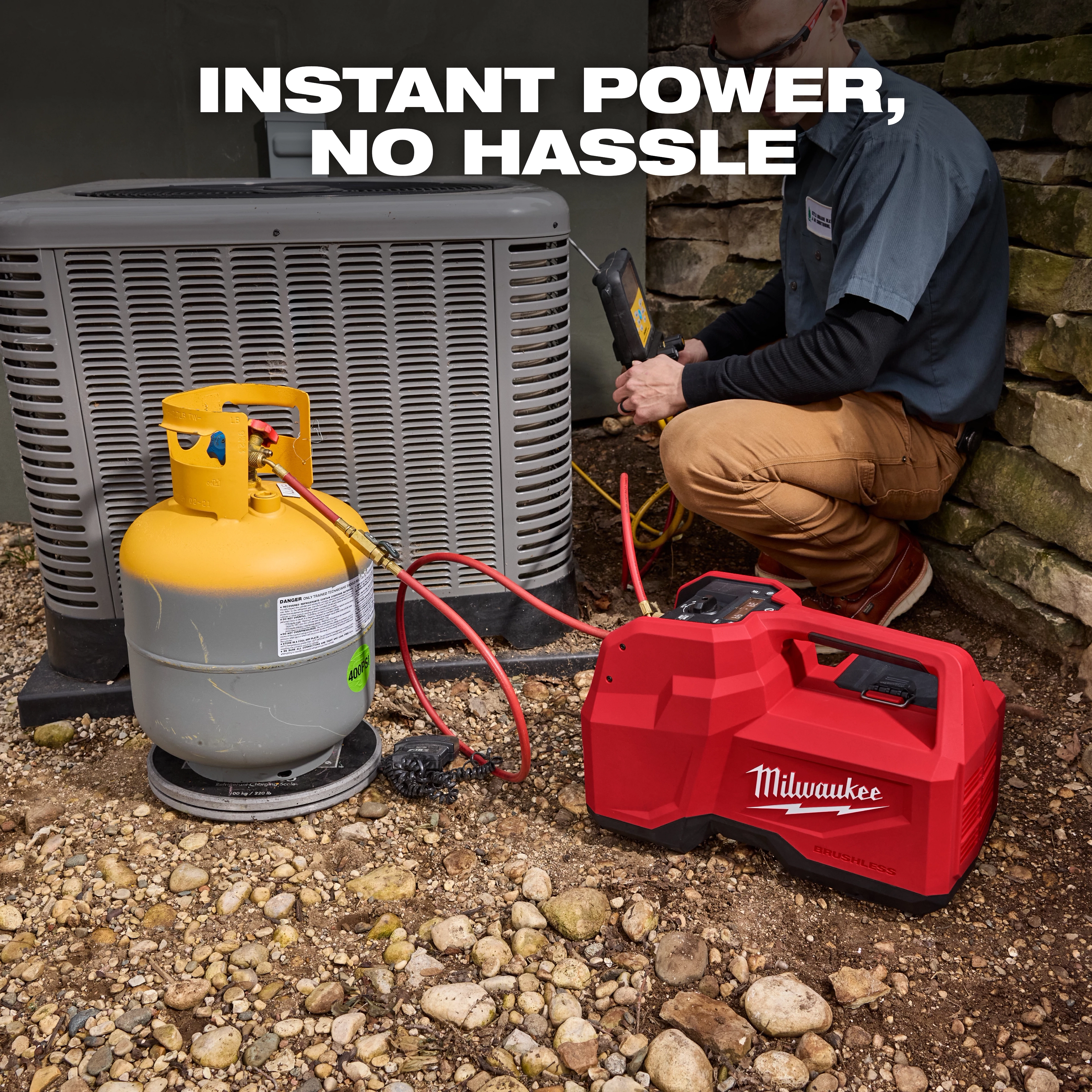 Contractor using Milwaukee M18 Brushless Refrigerant Recovery Machine next to refrigerant tank and air conditioning unit, text reads “Instant Power, No Hassle.”