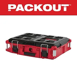 Red and black PACKOUT Tool Box with metal latches, carrying handle, and modular storage compartments, displayed against a white background.