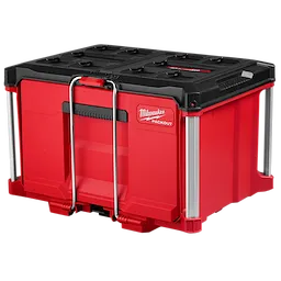 Milwaukee Packout large red storage box with black lid and metal carrying handle.