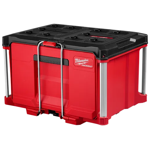 Milwaukee Packout large red storage box with black lid and metal carrying handle.