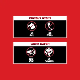 Two sections: "Instant Start" (No gas, No cords) and "Work Safer" (Low noise, No emissions) on a red