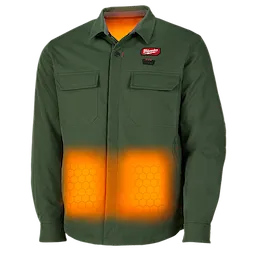 The M12(TM) Heated Shirt Jacket is a green outerwear piece with built-in heating elements that are visibly activated and glow orange at the waist area. It features a button-up front, two chest pockets with flaps, and the Milwaukee logo on the chest.