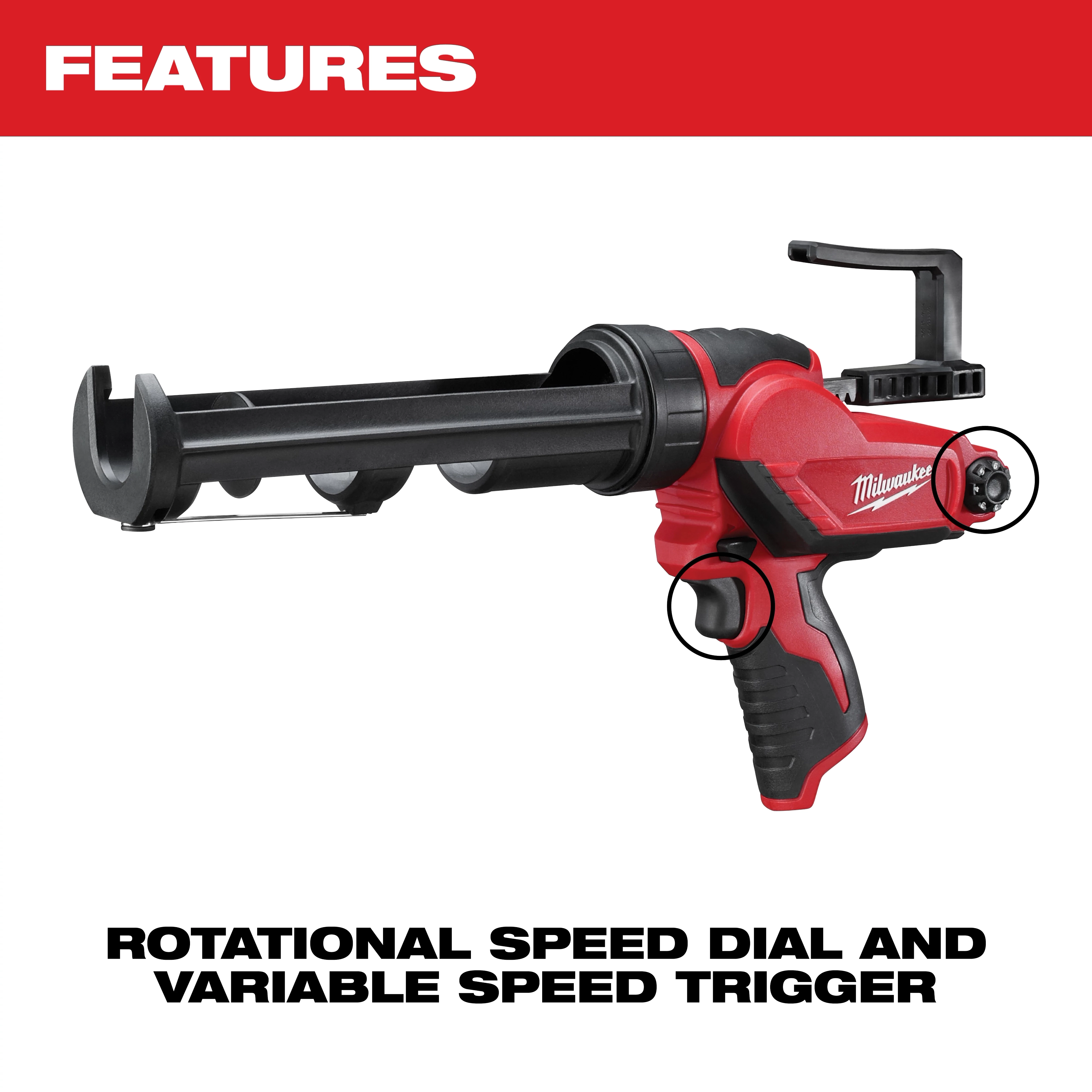 The image shows an M12 12-Volt Lithium-Ion Cordless 10 oz. Caulk and Adhesive Gun (Tool-Only) by Milwaukee, featuring a rotational speed dial and a variable speed trigger. The gun is red and black with branding visible.