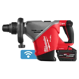 Milwaukee M18 FUEL 18lb SDS MAX Demolition Hammer Kit featuring a red and black design, battery attached, and wireless connectivity.