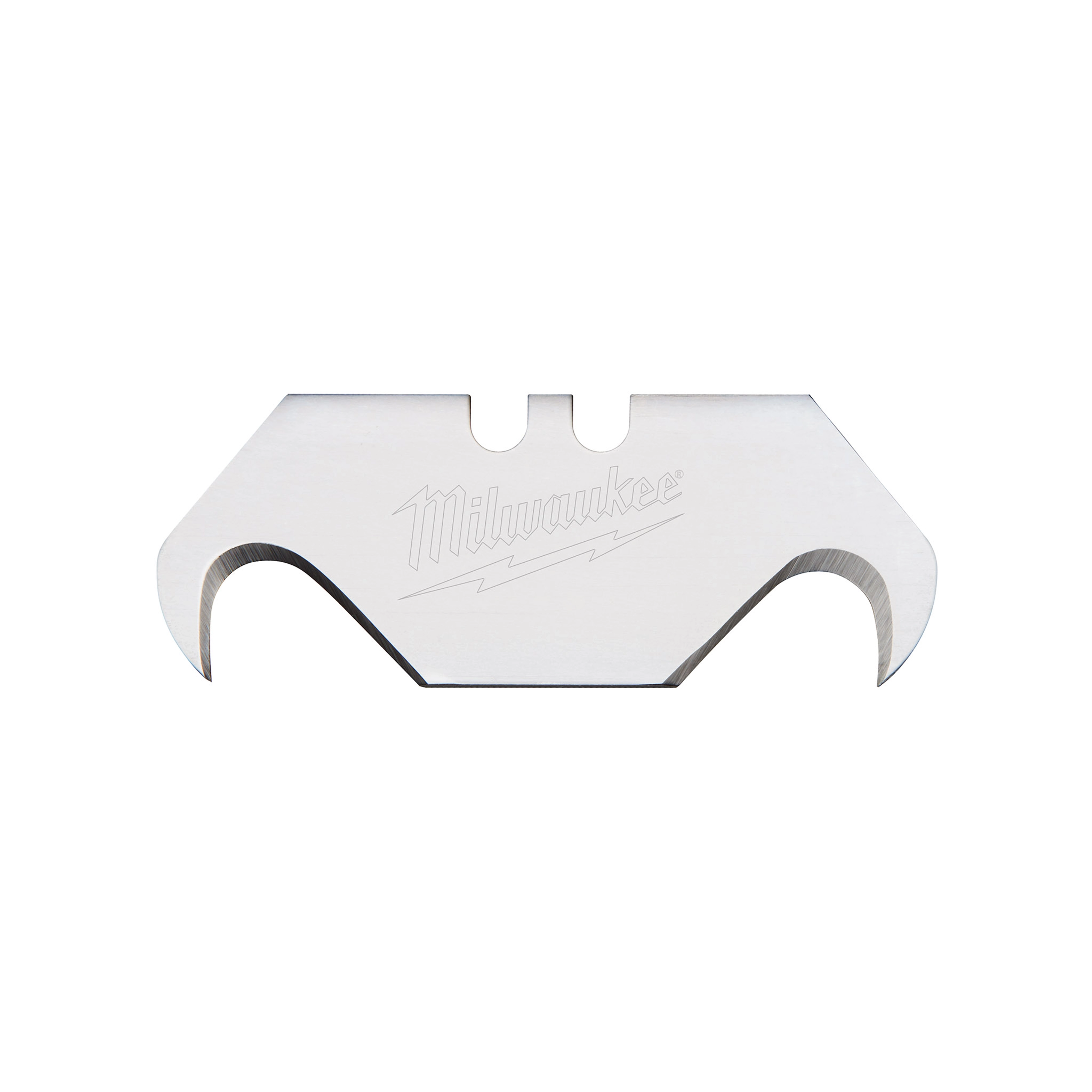 Milwaukee Hook Utility Blades, 5 pack. The blade is silver with sharp hooked ends and the Milwaukee brand name engraved on it.