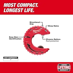 Milwaukee pipe cutter with features labeled: directional grip, weep holes, chrome rollers (rust protection), and easy size identification. Cut capacity: 1 inch.