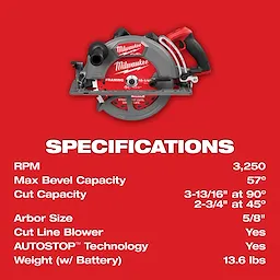 M18 FUEL 10-1/4" Rear Handle Circular Saw with specifications including 3,250 RPM, 57° bevel, and 3-13/16" cut capacity at 90°.