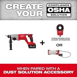 M18 Brushless 1” SDS Plus D-Handle Rotary Hammer displayed with text about OSHA compliance when paired with dust solution accessory.