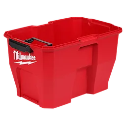 The Milwaukee 9 Gallon Wet/Dry Vacuum Tank is a large, rectangular, red plastic container with reinforced edges and a handle. The Milwaukee logo is displayed on the tank's side in white text. It is designed for collecting dust, debris, and liquids during cleaning tasks.