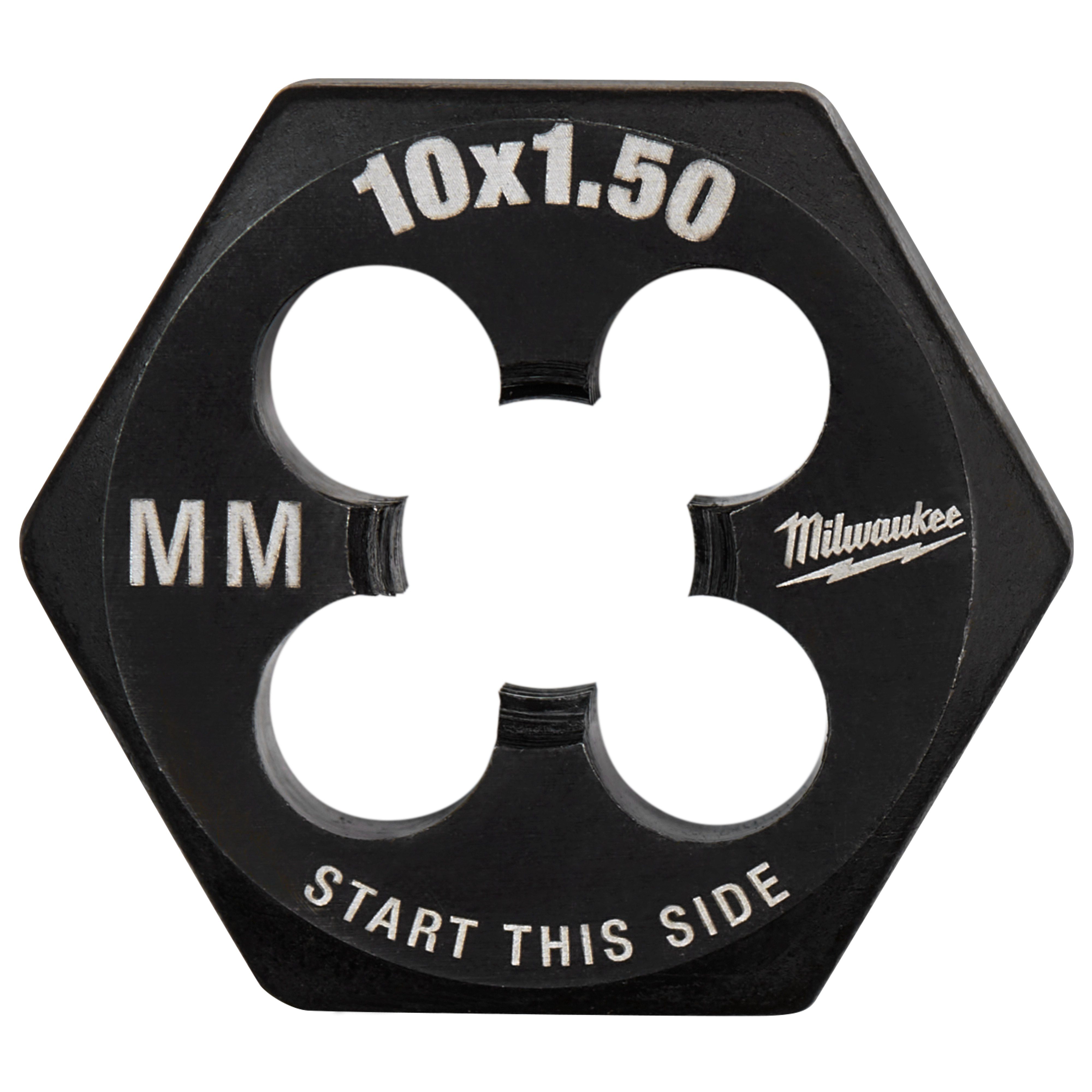 M10-1.50 20mm 1-Inch Hex Threading Die in black with white text showing threading size, metric measurement, and start direction.