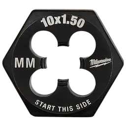 M10-1.50 20mm 1-Inch Hex Threading Die in black with white text showing threading size, metric measurement, and start direction.