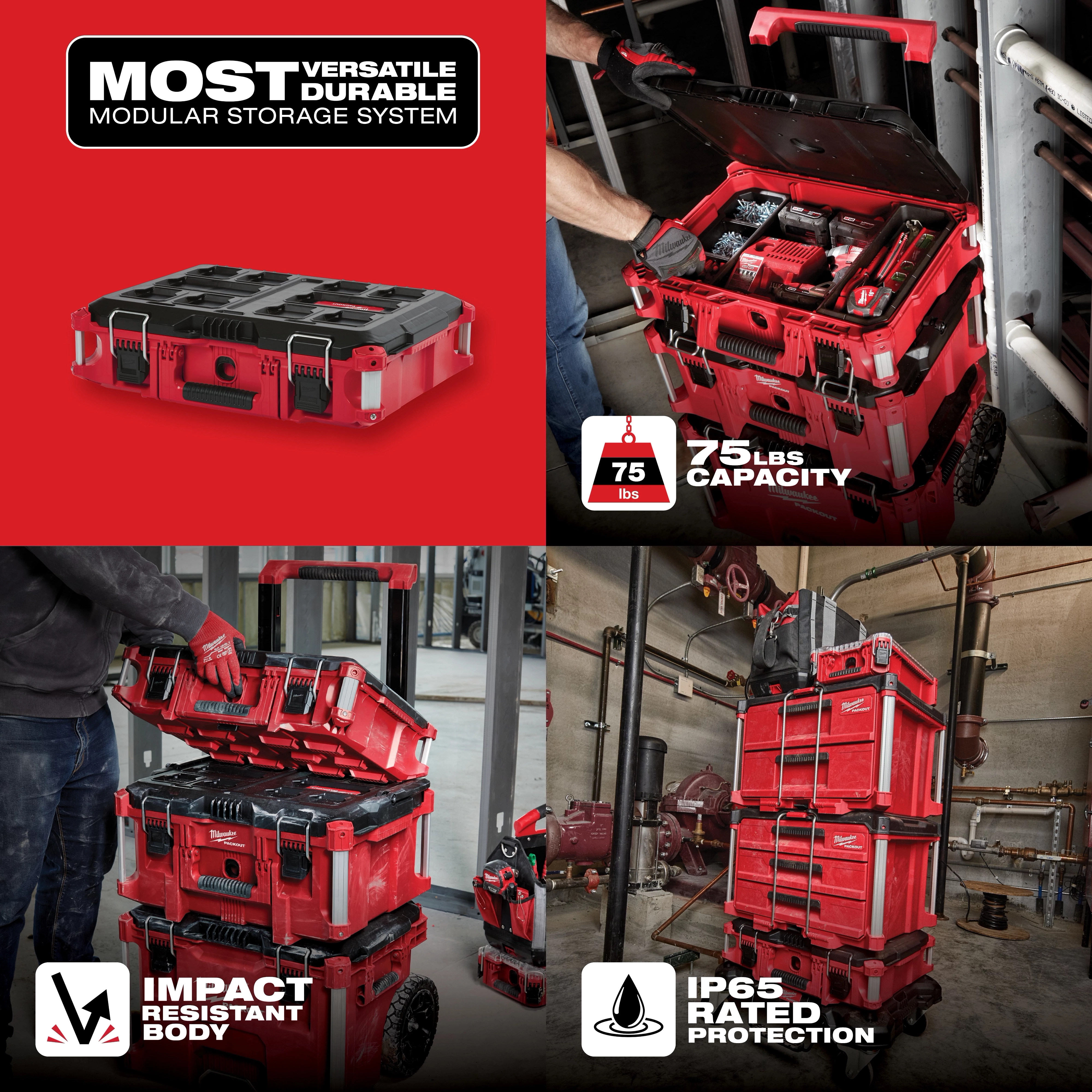 PACKOUT Tool Box displaying its modular storage system, impact-resistant body, 100 lbs capacity, and IP65 rated protection.