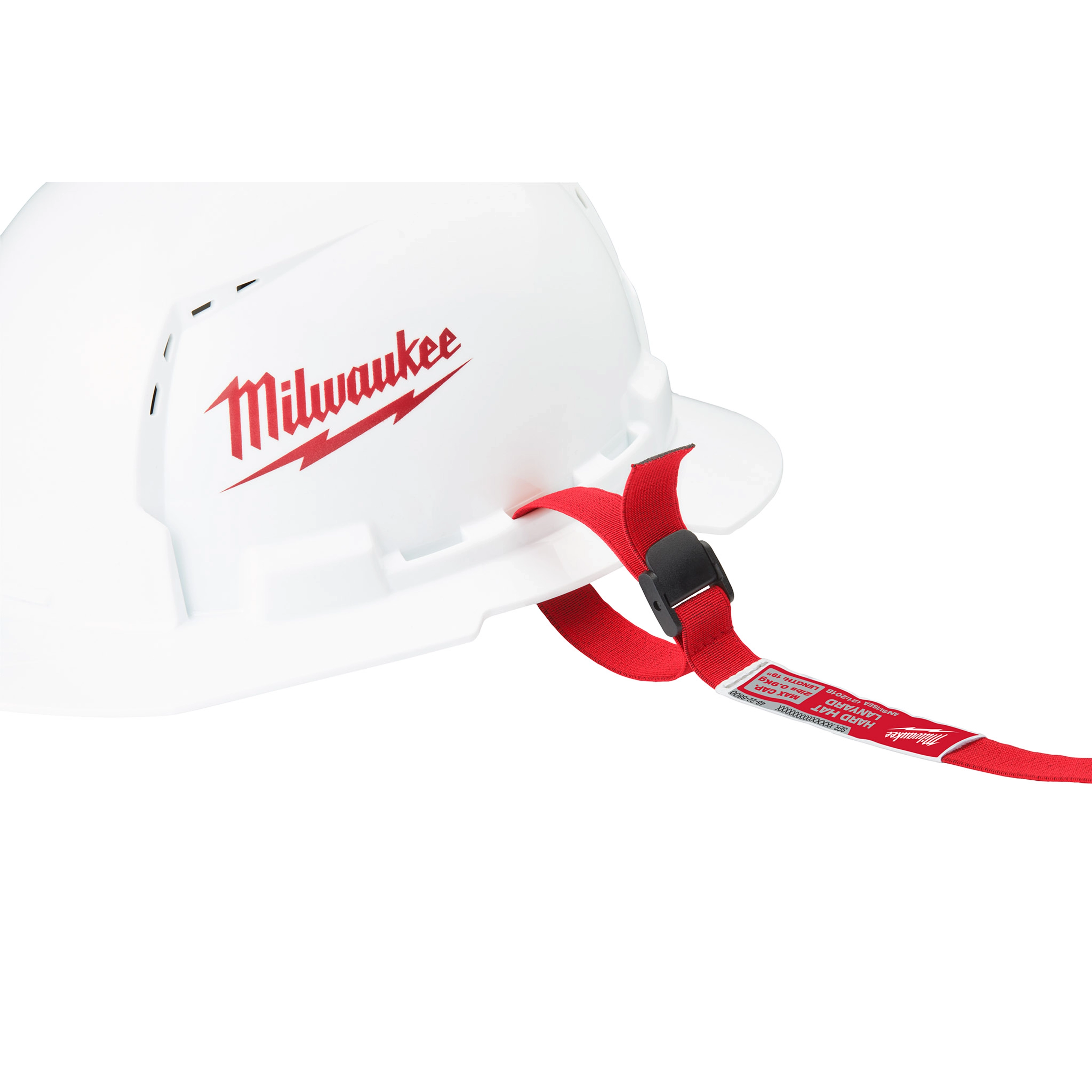 White hard hat with a red logo and a red Hard Hat Lanyard with Clip attached to the brim.