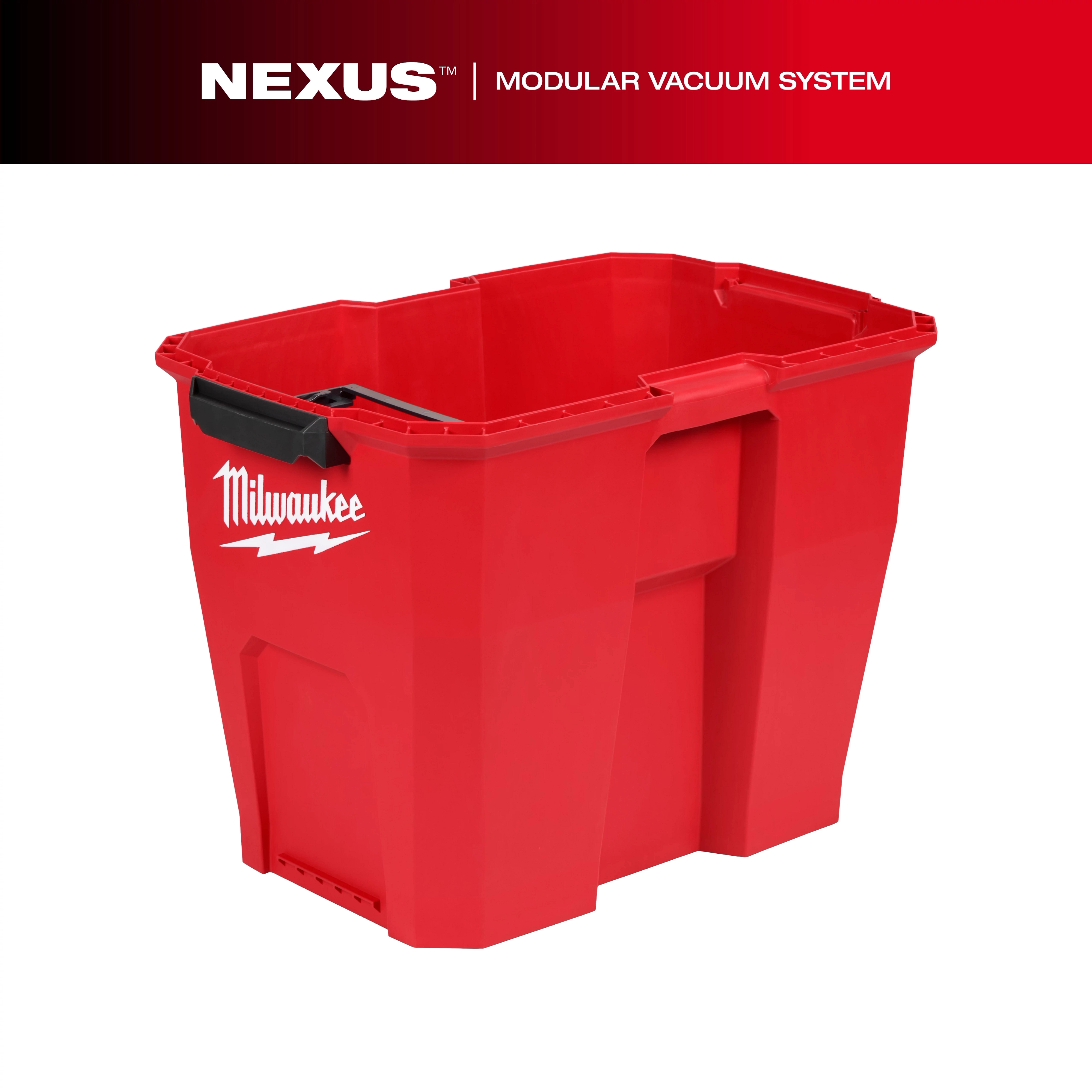 The NEXUS™ 12 Gallon Wet/Dry Vacuum Tank is a red, modular vacuum tank featuring integrated handles and a large rectangular opening. The logo is visible on the side.