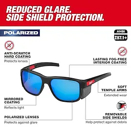 Polarized Full Frame Safety Glasses with Removable Side Shields have blue mirrored lenses, anti-scratch coating, and soft temple arms.