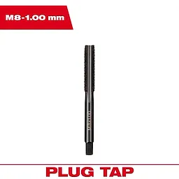 M8-1.00 mm straight flute plug tap for threading holes in metal, featuring a sleek black design with "M8x1.00" engraved.