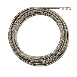 The 5/16" x 35' DRAIN CABLE is a coiled metal cable used for plumbing purposes. It is designed to unclog drains and pipes, featuring a tightly wound spiral construction for effective performance.